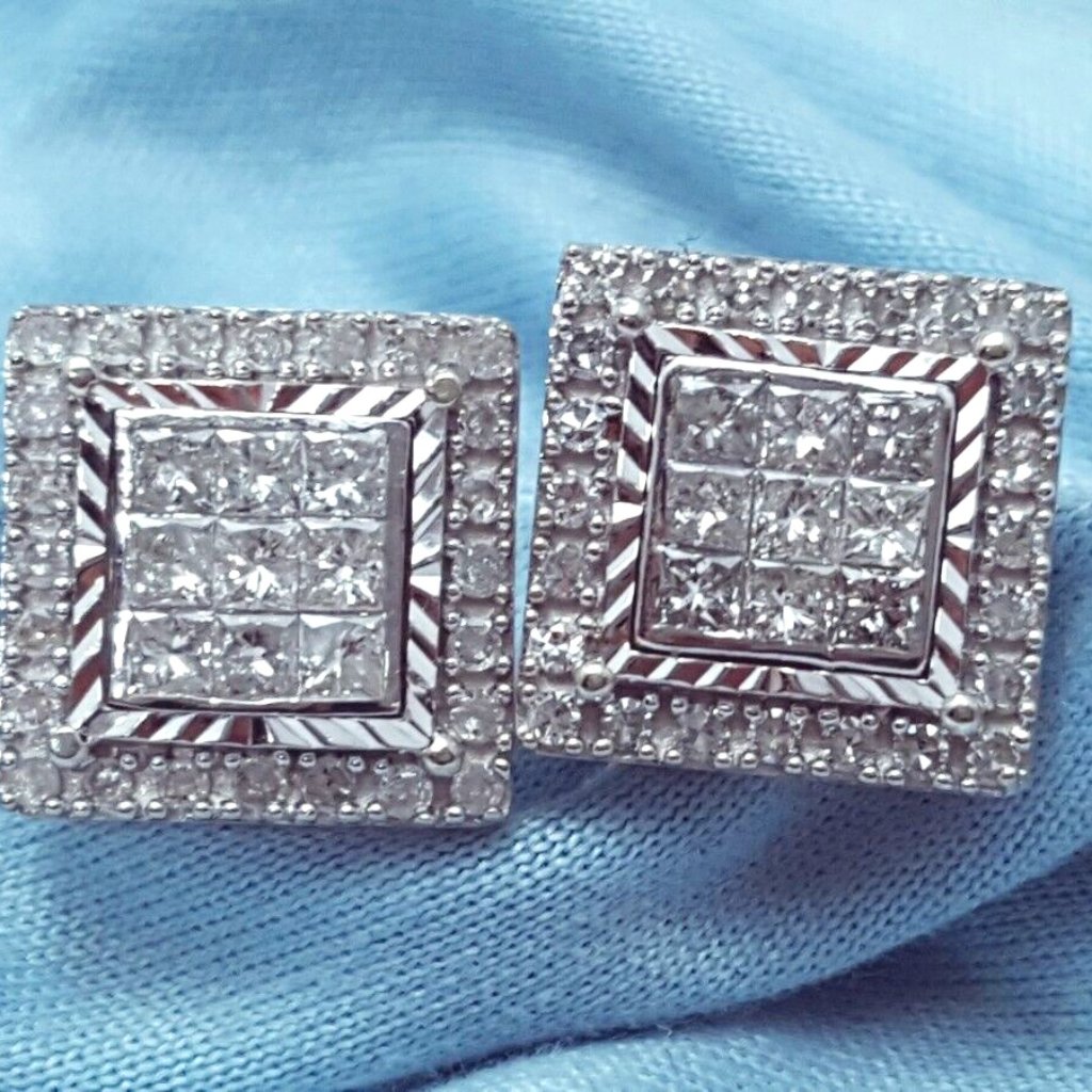 Unique 10k Karat White Gold Designer Square Diamond Stud Earrings With Backings